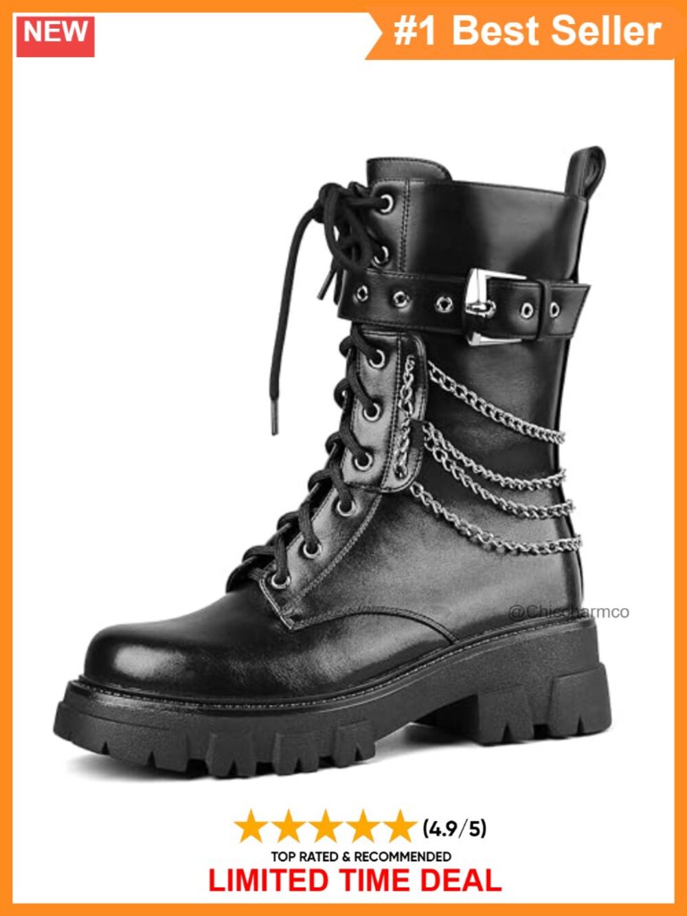 Faux Leather Combat Boots with Rhinestone Chains and Chunky Lug Sole